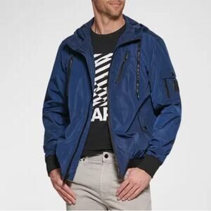Karl Lagerfeld ParisMen's Lightweight Hooded Bomber Jacket Navy Black large